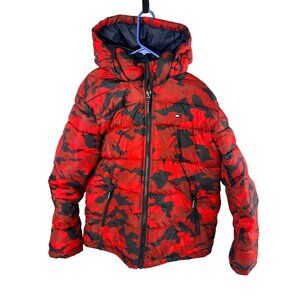 Tommy Hilfiger Red Camouflage Puffer Jacket Hooded Water Wind Resistant